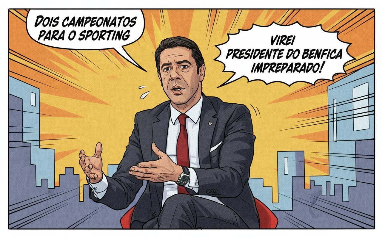 Rui Costa em entrevista dizendo 'Virei presidente do Benfica impreparado' e 'Bicampeonato do Sporting'.